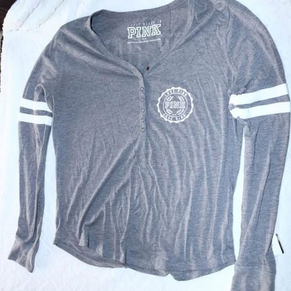 Victoria's Secret PINK Grey Henley Long Sleeve Sleep Top Medium